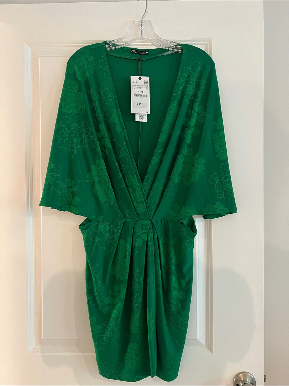 Zara Emerald Green Floral Draped V-Neck Midi Dress